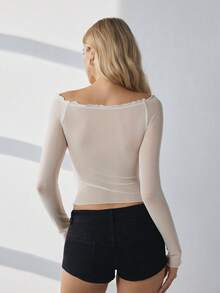 SHEIN Women's Solid Color Twist Design Mesh Raglan Sleeve Loungewear Top - White - View 2