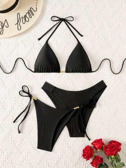 Swim Basics Conjunto de traje de baño de 3 piezas para mujer con parte superior tipo halter de unicolor de tela de nailon + decoración con cuentas doradas + 2 estilos de Bottom tipo bikini, para primavera/verano