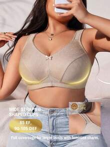 1 pieza Sujetador inalámbrico elegante y cómodo de talla grande para mujer, con decoración de lazo, de tela jacquard suave y ajustable - Albaricoque - Ver 4