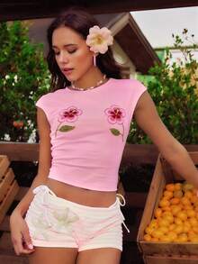 ROMWE Island Girl Sequin Embroidered Fitted Women T-Shirt - Pink - View 1