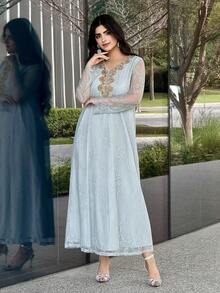 Al Najma Áo choàng dài tay cổ chữ V dáng rộng truyền thống Ả Rập dành cho nữ - Màu vàng - Xem 2