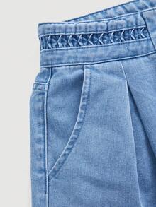 GlowEve 女士休闲纽扣褶裥牛仔短裤，日常百搭 - 藍色 - 查看 6