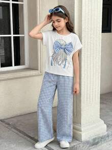 SHEIN 两件套少女休闲人像印花蝴蝶结装饰宽松T恤和格子阔腿裤套装 - 藍色 - 查看 6