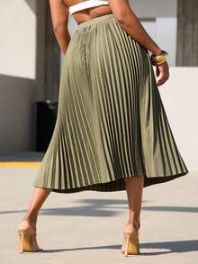 Vixey High Waist Wrap Around Panel Pleated Midi Office Skirt - Army Green - View 5
