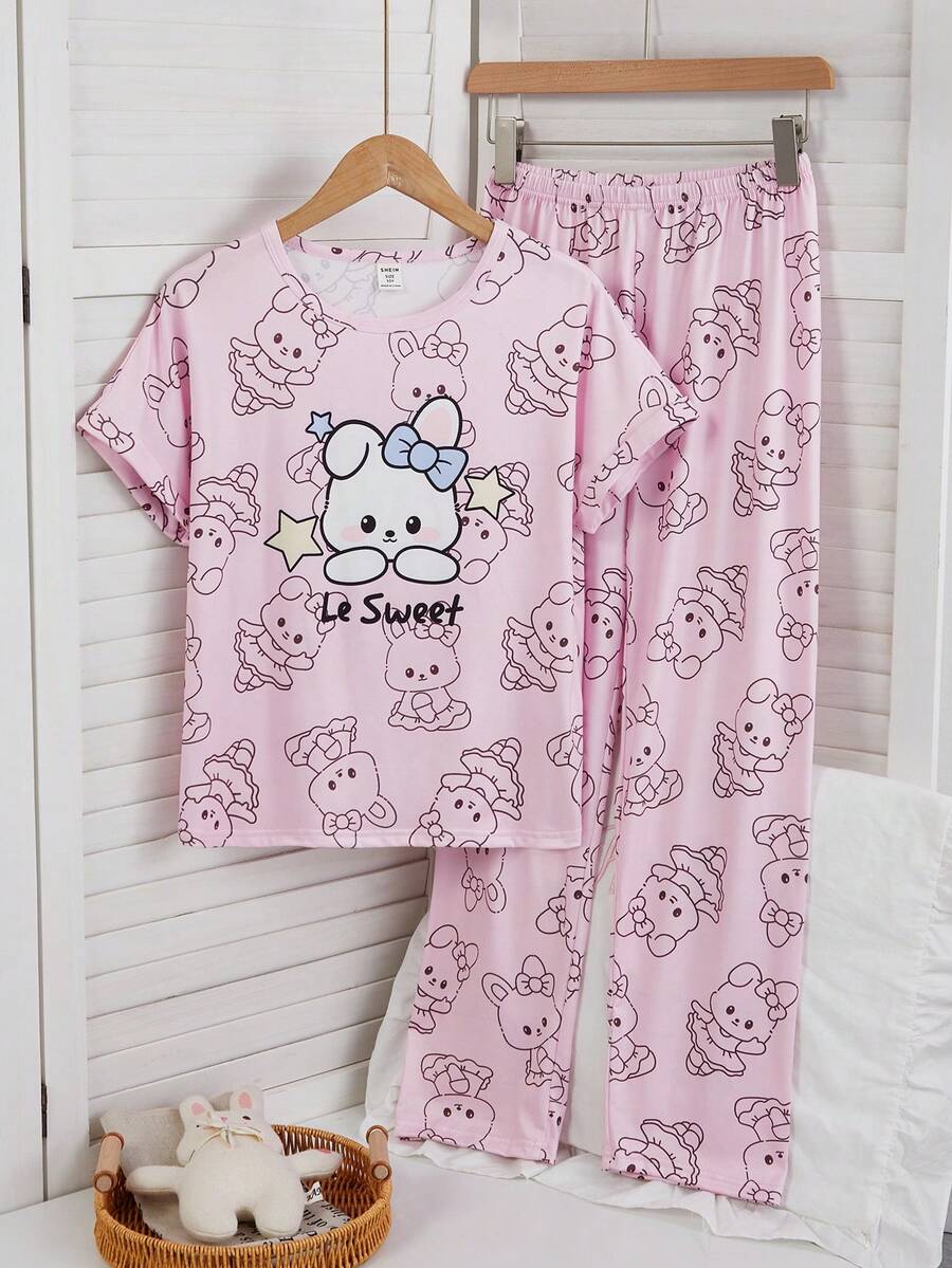 女童可爱兔子波点印花短袖上衣和宽松裤子两件套休闲舒适睡衣套装 - 粉色 - 查看 1