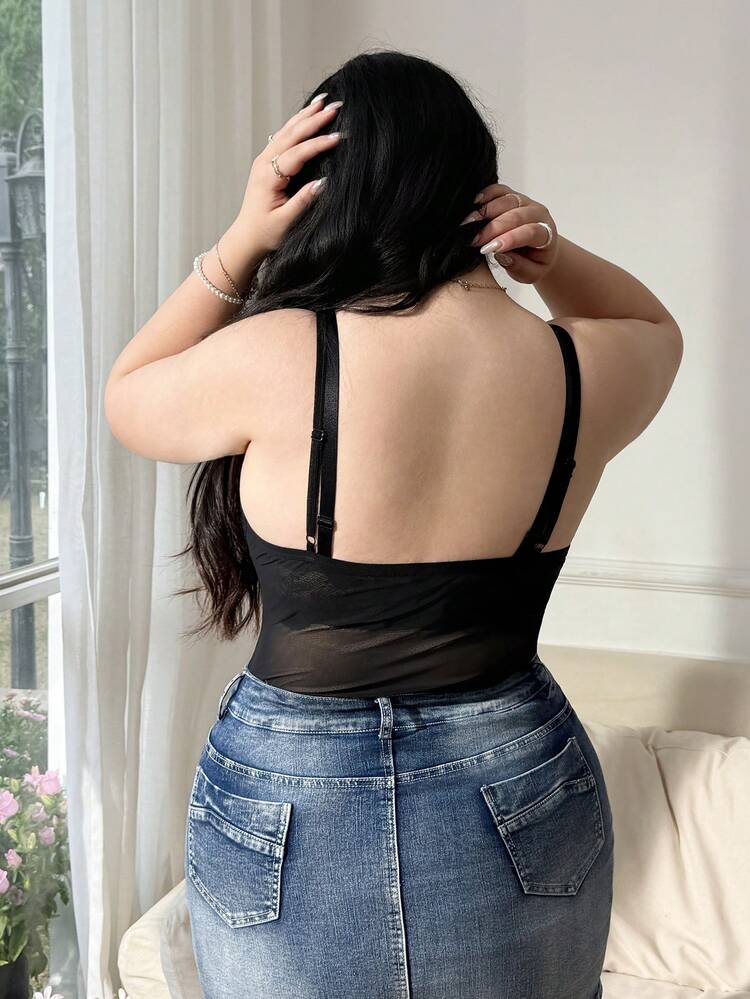 CovetEZ Plus Size Solid Color Sheer Lace Patchwork V-Neck Sleeveless Bodysuit, Spring/Summer  2026 New Arrival - Black - View 2