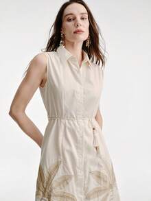 Aveloria Modichic 新款欧美时尚简约休闲度假风木珠腰带，椰树刺绣无袖连衣裙 - 杏色 - 查看 6