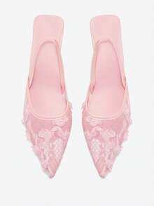 Women's 2-Way Wear Mesh Floral Closed Toe Sandals, 7cm Stiletto High Heel Pointed Toe Roman Casual Slip-On Shoes, Elegant Ankle Strap Pumps - Pink - View 4