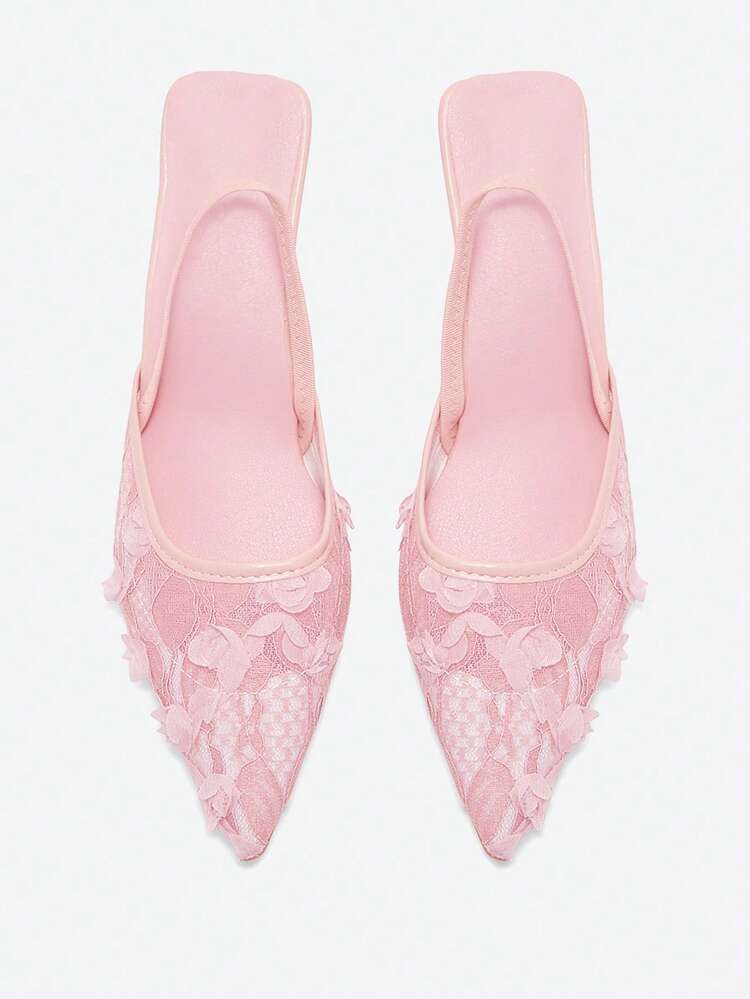 Damen 2-Wege-Trage Mesh Blumen Geschlossene Zehe Sandalen, 7cm Stiletto Absatz Spitze Zehe Römisch Lässig Slip-On Schuhe, elegante Knöchelriemen Pumps - Pink - Übersicht 10