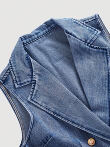 GlowEve 女士休闲牛仔套装，翻领无袖上衣搭配带口袋短裤 - 藍色 - 查看 3