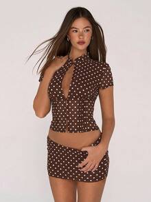 Sweetina Polka Dot Mesh Print Hollow Cardigan Top And Mini Bodycon Skirt 2 Piece Set For Women - Coffee Brown - View 5