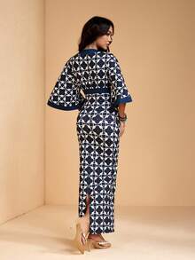 JIAN LASALA Đầm maxi ôm sát người nữ, in họa tiết toàn thân, phối màu khối, cổ chữ V sâu, tay loe, phong cách boho thường ngày thanh lịch. - Nhiều màu - Xem 2