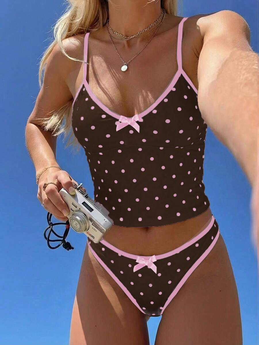 Swim Mod 春夏新款欧美风两件式三点比基尼套装，粉色波点印花撞色细肩带小胸聚拢细肩带性感背心式比基尼泳装，甜美保暖春季海滩度假比基尼泳装，生日派对比基尼 - 彩色 - 查看 1