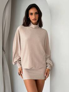 Aloruh 现代音乐节高领蝙蝠袖长袖露背紧身迷你连衣裙（女款） - 金色 - 查看 6