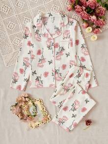 Tween Girls 2 Pieces Pajama Set,Pink Floral Rose Print Elegant Autumn Nightwear,Long Sleeve Button Front Top & Pants,Cozy Home Sleepwear Gift,Sleep - Apricot - View 3