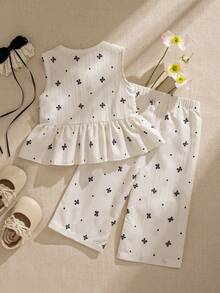 Souflis Souflis 2pcs Baby Girls' Milky White Delicate Black Print Sleeveless Ruffled Collar Shirt With Bow Decor And Elastic Waist Pants Set, Comfortable And Cute For Spring, Summer And Autumn Baby Girls Elegant Outfit Baby Girls Summer Outfit Sleeveless Top And Pants Set - White - View 5