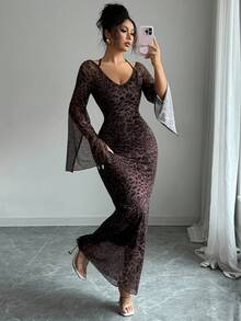 Selianne 女式豹纹修身长袖开衩连衣裙 - 棕色 - 查看 1