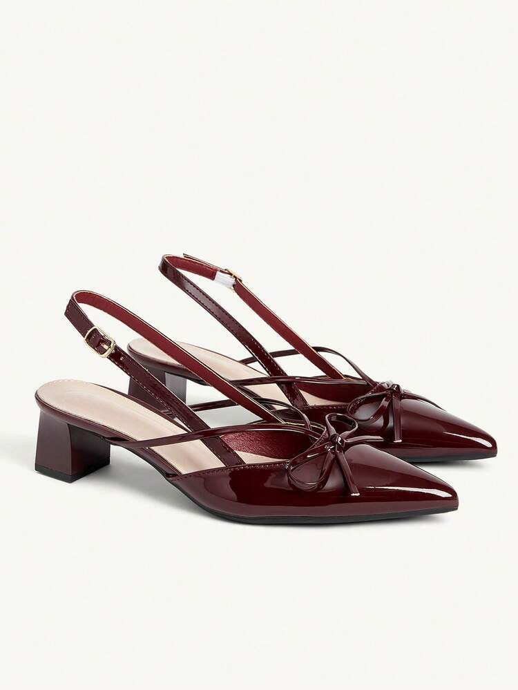 CUCCOO CHICEST Women's Pointed Toe Chunky Heel Mid-Heel Criss-Cross Bow Tie Burgundy & Red Patent PU Leather Peep Toe High Heels, Elegant For Work