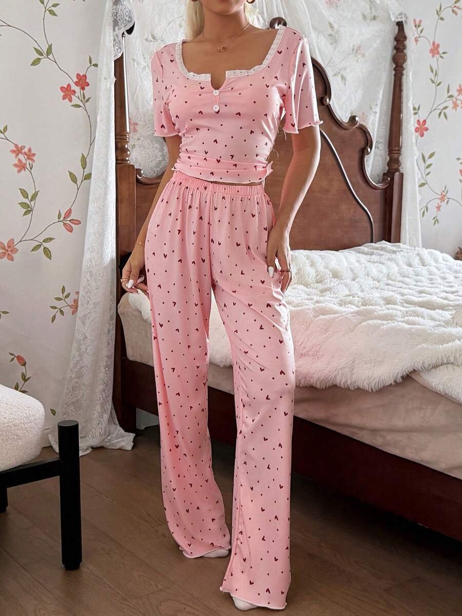 CottageSlumber Heart & Polka Dot Print Contrast Lace U-Neck Knit Short Sleeve Fitted Women Pajama Set - Pink - View 1