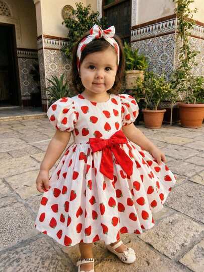 Cozy Pixies Toddler Girls' Cute Strawberry Pattern Contrast Color Bow Decor Waist Ruffle Hem Round Neck Puff Sleeve Princess Dress, Fluffy Skirt, Suitable For Countryside, Casual, Wedding, Party, Holiday And Various Occasions Toddler Strawberry Dress Strawberry Girl Dress Baby Strawberry Dress Cute Baby Dresses Strawberry Dresses For Girl Baby Girl Strawberry Dress Cute Toddler Dresses Cotton Clothes Toddler Dress Strawberry Girls Strawberry Dress Baby Girl Strawberry Outfit