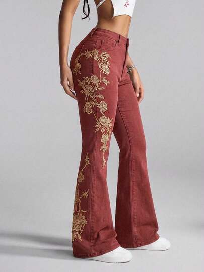 Selenza Women's Casual Floral Embroidery Pocket Button Flare Leg Jeans, Versatile For Daily Wear