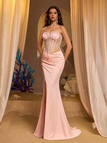 Glamrae 优雅奢华的粉色串珠刺绣弹力针织连衣裙，手工链条和3D贴花，无肩带腰部镂空性感开衩鱼尾长裙，带拖尾，女士正式晚礼服 - 淺粉色 - 查看 7