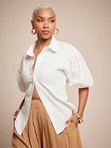 Vixey 纯色系带后领纽扣长袖上衣 - 白色 - 查看 4