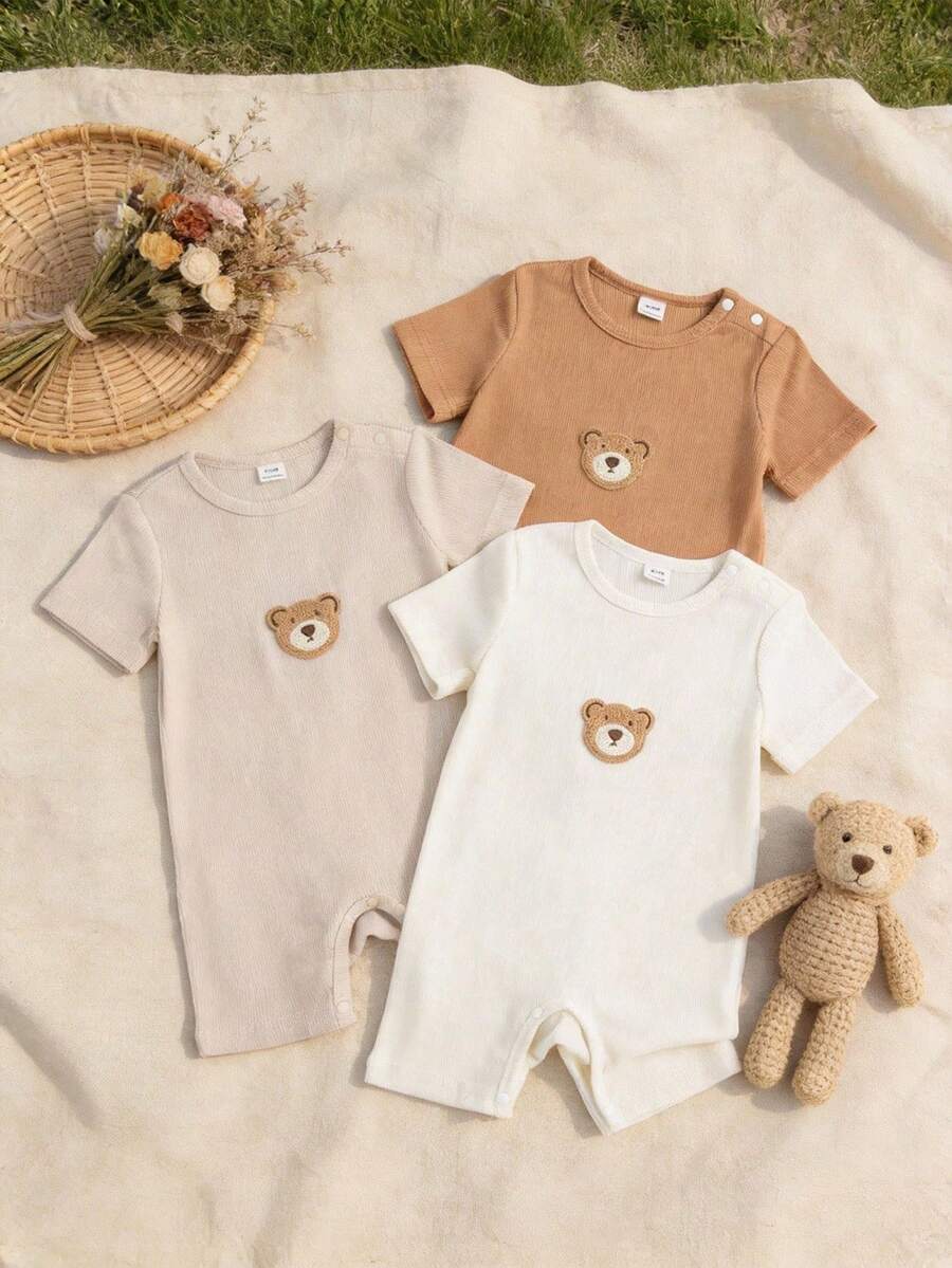 Souflis Souflis 3pcs/Set Toddler Boys' Cute Print + Stripe + Solid Soft & Comfortable Rompers, Suitable For Home, Outdoor Activities, Parties - Multicolor - View 1