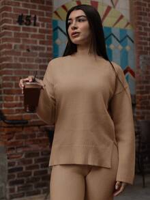 Andrea Bello Women's Solid Color Drop Shoulder Long Sleeve Sweater And Knitted Pants Casual 2 Pieces Set, Autumn/Winter - Khaki - View 3
