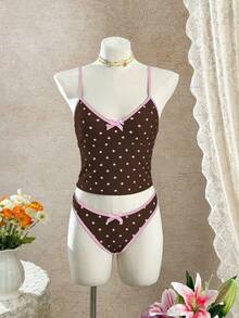 Swim Mod 春夏新款欧美风两件式三点比基尼套装，粉色波点印花撞色细肩带小胸聚拢细肩带性感背心式比基尼泳装，甜美保暖春季海滩度假比基尼泳装，生日派对比基尼 - 彩色 - 查看 5
