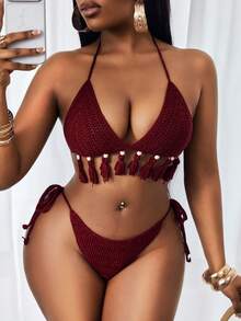 Slaydiva 26SS Spring/Summer Vacation Beach Luxury Sexy BOHO Red Bikini Set - Red - View 1
