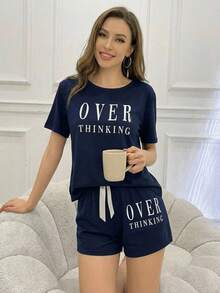 Conjunto De Pijama Con Pantalones Cortos Y Camiseta De Manga Corta Con Estampado De Slogan - Azul T - Ver 3