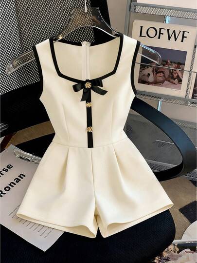 Franclia Women's Summer Sleeveless Romper, Square Neck, Contrast Color Design, Black Bowknot Metal Buckle Decor, Elastic Waist, Hidden Zipper, Woven Fabric, Casual & Fashionable