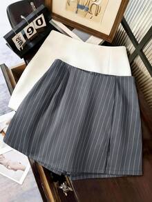 Franclia 女士夏季高腰条纹A字裙，内置短裤，松紧腰，休闲时尚的年轻风格 - 灰色 - 查看 7