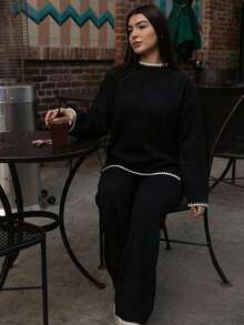 Andrea Bello 2 件套女士撞色立领毛衣和裤子套装，休闲 - 黑與白 - 查看 4