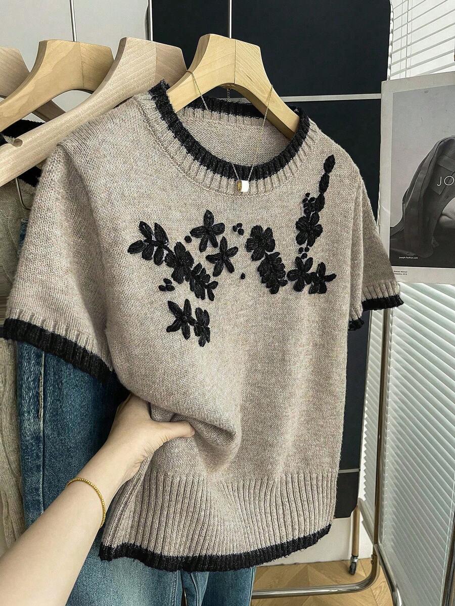 SHEIN Franclia New Arrival Casual Loose Floral Sweet Retro Women Knit Sweater, Spring/Autumn - Camel - View 1