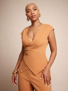 Vixey Wrap Around Asymmetrical Hem V Neck Short Sleeve Blouse - Khaki - View 4