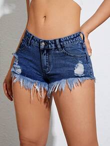 Jeanoix Women's Casual Everyday Denim Shorts With Pockets, Button Closure And Distressed Hem - Dark Wash - View 6