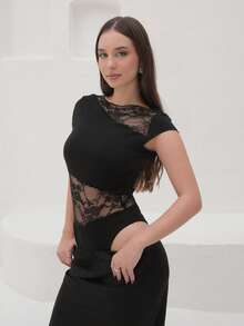 Duda Rubert Women's Contrast Lace Bodysuit With Capped Sleeves, Slim Fit & Sexy - Black - View 3