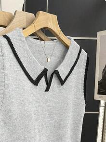 Franclia Oatmeal Grey Knit Vest,Polo Collar Contrast Trim Half-Button Slim Fit Soft Ribbed Sweater For Autumn,Casual School Back-To-School Layering Piece - Light Grey - View 3