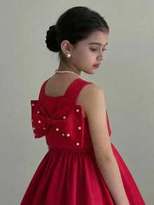 SHEIN Ensemble top et jupe pour jeunes filles élégant avec col carré, décoration de perles et nœud amovible dans le dos - Rouge - Voir 4