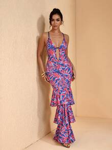 JIAN LASALA All-Over Tropical Print Spaghetti Strap Tie Back Deep V Sleeveless Layered Ruffle Maxi Dress - Multicolor - View 8