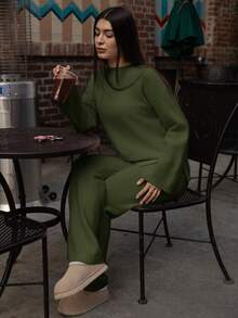 Andrea Bello 2pcs Women Knit Sweater Set - Crew Neck Pullover Sweater & Long Pants Fall Winter Cloth For Women - Army Green - View 6