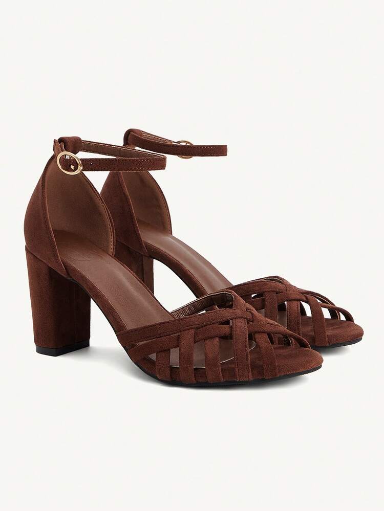 CUCCOO CHICEST Women Shoes Summer And Summer New Hollow Woven Open Toe Round Toe Thick Heel Back Bag With Buckle 8.5cm Women's High Heel Sandals Suede Solid Color Elegant Versatile Daily Dating Women's Shoes Wedding Shoes Summer Shoes Bride Shoes