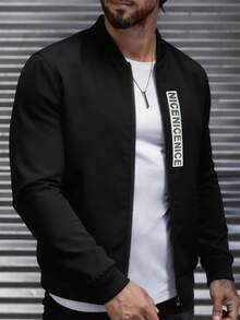Manfinity Homme Men's Casual Letter Print Zip-Up Jacket - Black - View 1