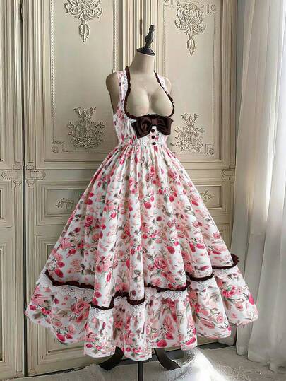 Sweetra Đầm kiểu cung đình cổ điển với họa tiết hoa nhí và nơ thắt cổ dành cho nữ.