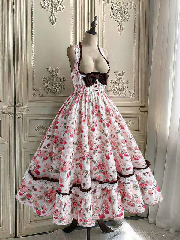Sweetra Đầm kiểu cung đình cổ điển với họa tiết hoa nhí và nơ thắt cổ dành cho nữ.