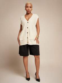 Vixey V领纽扣短袖毛衣背心 - 白色 - 查看 3