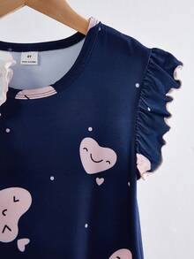 2件套女童短袖荷叶边休闲睡衣家居服套装，春夏款 - 藏蓝色 - 查看 3