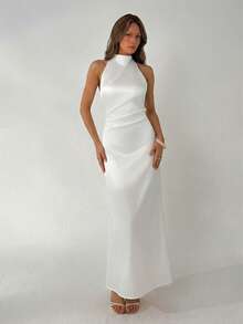 Aloruh Women's Green Draped Neck Tie-Waist Ruched Backless Dress, Spring/Summer - White - View 3